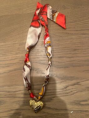 Red and Cream Silk Scarf Necklace with Gold Heart Pendant